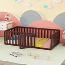 Irerts Twin Floor Bed Frame for Kids Toddlers, Wood Montessori Low Floor Twin Size Bed Frame with Fence Guardrail and Door, Kids Twin Bed for Boys Girls, Spring Needed, Walnut