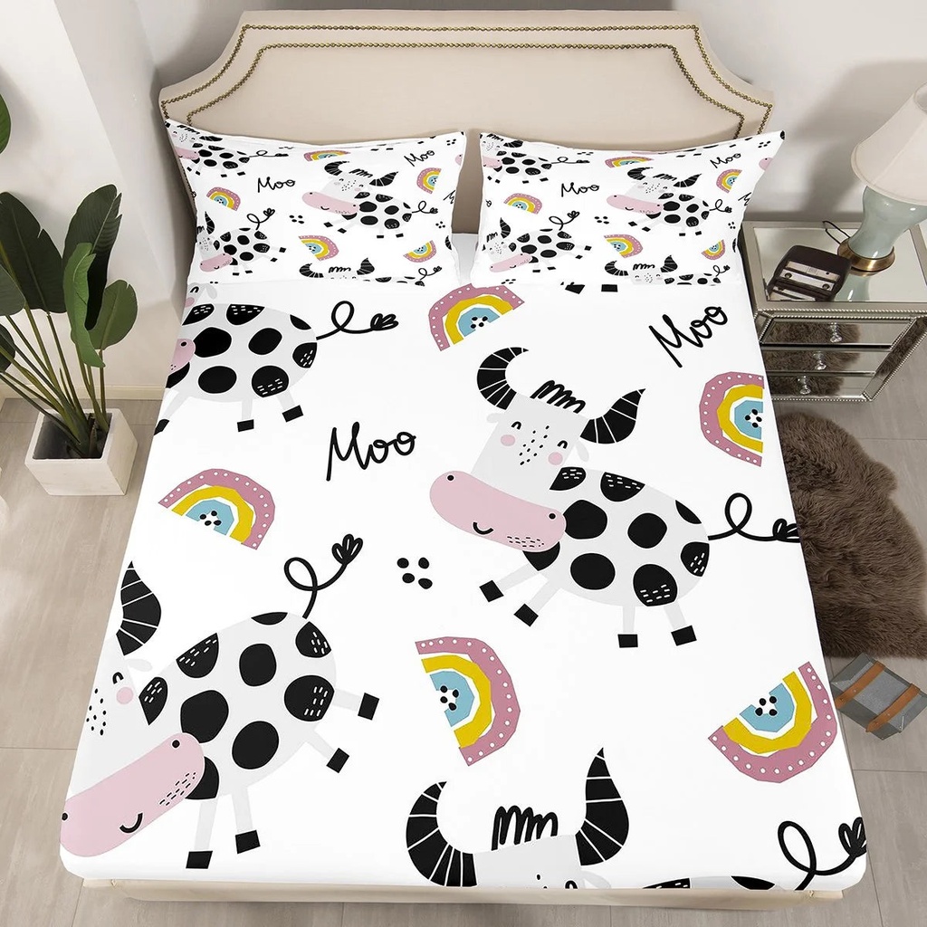 YST Funny Cow Twin Sheets for Kids Boys Girls Cute Kawaii Rainbow Bed Sheets, Cartoon Highland Bull Fitted Sheet Farm Animal Bed Set, Western Cowboy Cowgirl Bedding (Deep Pocket)