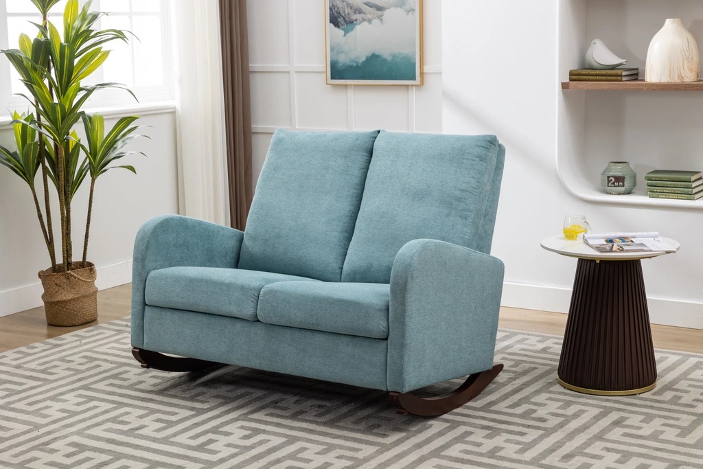 Oversized Upholstered Rocking Chair, Mid Century Modern Wingback Armchair with Solid Wood Base, Comfy 2-Seater Rocker Glider Chair for Nursery Living Room Bedroom, Light Blue