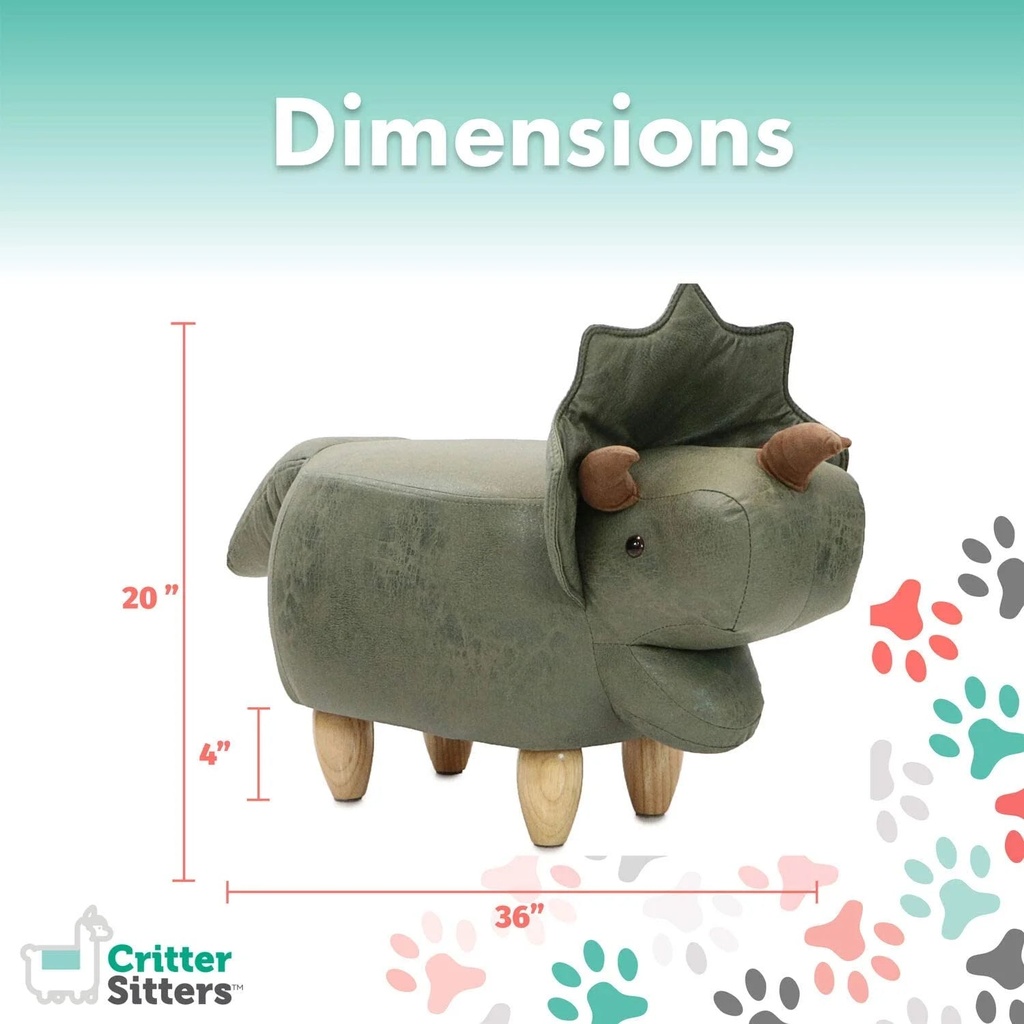 14-In. Seat Height Green Triceratops Dinosaur Animal Shape Ottoman - Furniture for Nursery, Bedroom, Playroom, and Living Room Decor