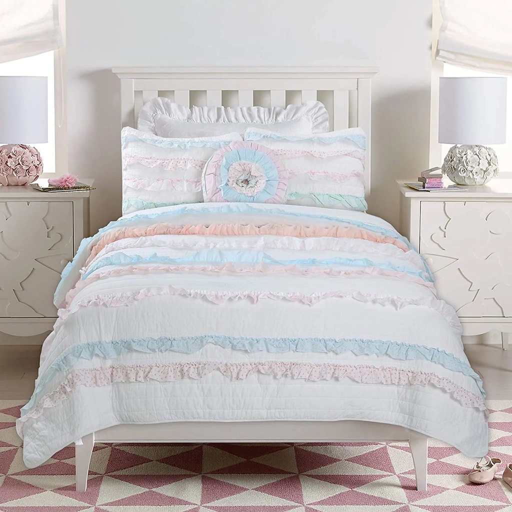 Cozy Line Home Fashions Pink Blue Ruffle Stripe Floral Flower Print Cotton Quilt Bedding Set (Pink/Blue, Twin - 2 Piece)