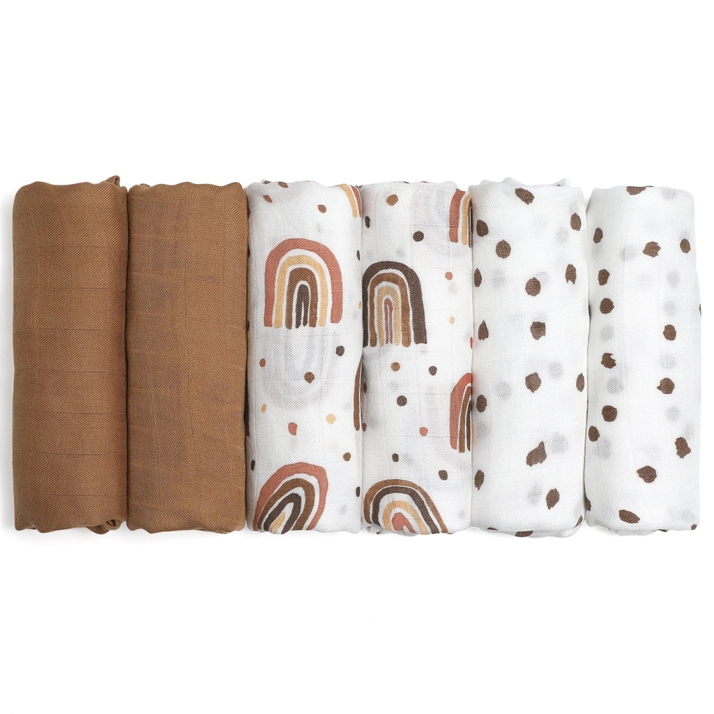 Gllquen Baby Muslin Swaddle Blankets 6-Pack, Swaddle Wrap Neutral Receiving Breathable Cotton Blankets for Newborn Infant Girls and Boys, 27 X 27", Rainbow