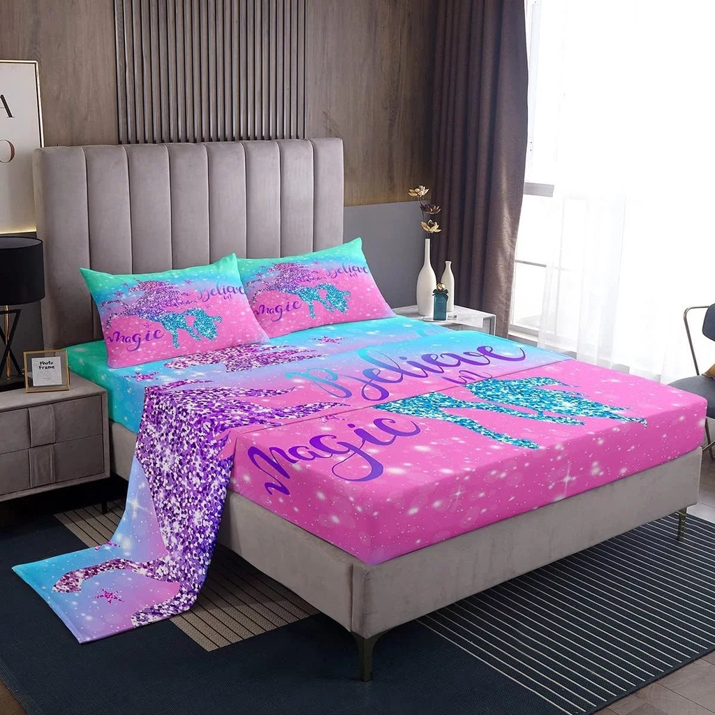 Girls Unicorn Bed Sheets Twin,Glitter Gradient Sheet Set for Teens Child,Girly Sequins Magical Horse Bed Sheet for Bedroom Decor,Sparkle Galaxy Starry Sky Fitted Sheet,Pink Blue Flat Sheet