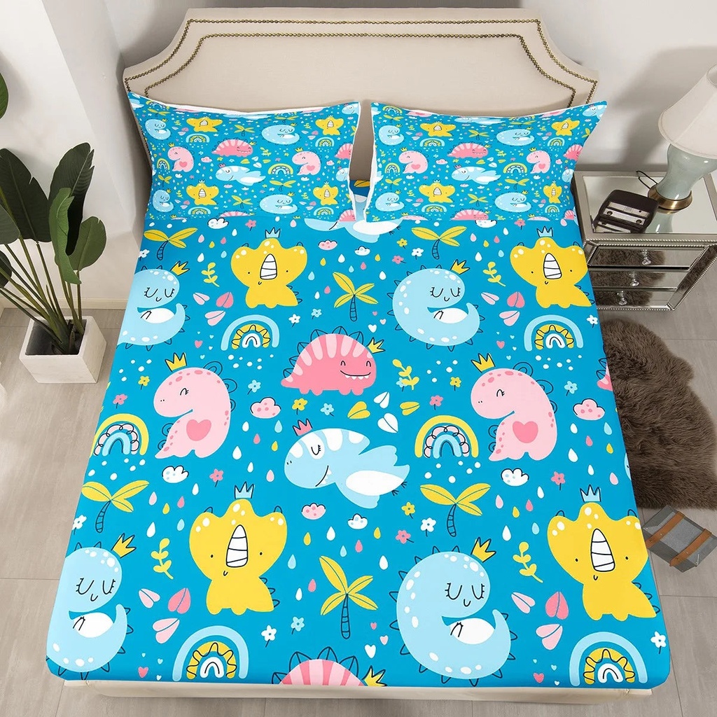 Dinosaur Bedding Set Kids Girls Boys Kawaii Decor,Palm Trees Flowers Cute Rainbow Fitted Sheet,Cartoon Dinosaurs Yellow Blue Pink Dinos Bed Sheets Twin,Jungle Wild Animals Sheets