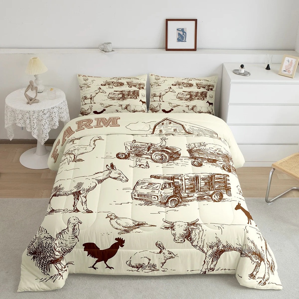 Rustic Farmhouse Bedding Set Twin Farm Animal Comforter Set, Cow Goat Rooster Duvet Insert Duck Rabbit Cattle Quilt Comforter, Farm Truck Lodge Cabin Bedding Comforters & Sets Retro Beige Room Decor