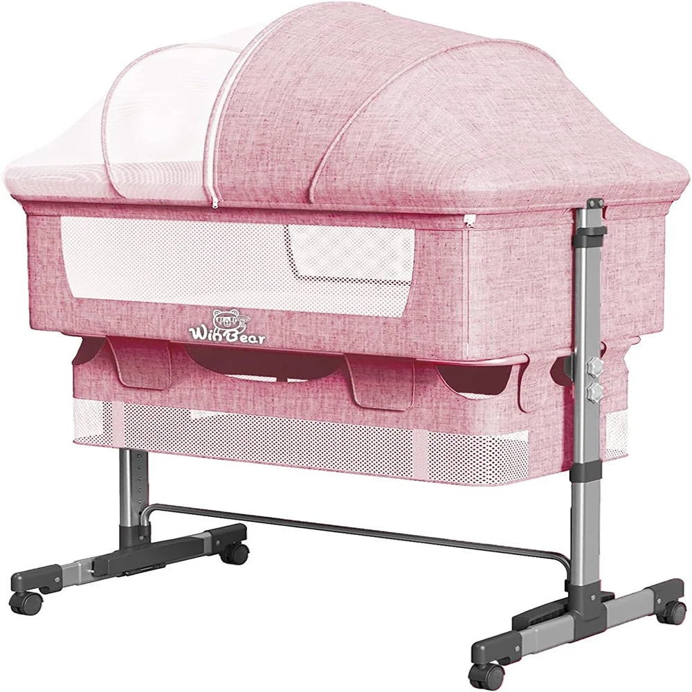 Tcbosik Bedside Crib for Baby, 3 in 1 Bassinet with Mosquito Nets, Large Storage Bag, Comfortable Mattresses and Lockable Wheels, Adjustable Portable beside Bassinet, Bassinet Bedding Set, Pink