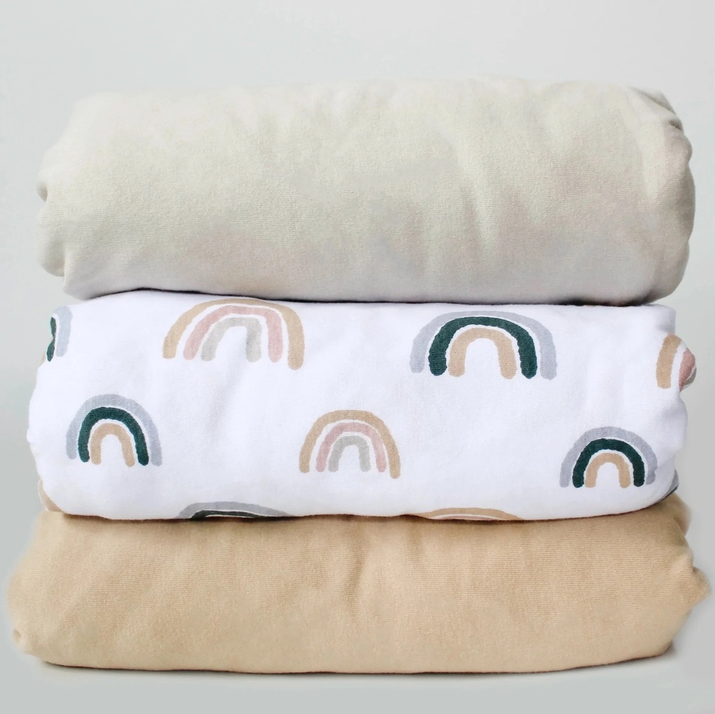 NODNAL CO. 3 Rainbow & Solid Cotton Crib Fitted Sheet Set, 3 Pieces, for Baby Girl or Boy Infant/Toddler Nursery Bedding, Boho Gender Neutral Watercolor Beige/Tan Toddler Mattress 28”X52”X9” Sheet