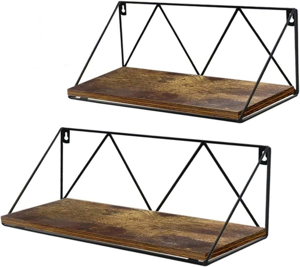 Giftgarden Floating Wall Shelves Set of 2, Brown Storage Shelf with Black Metal Brackets for Bedroom, Bathroom, Living Room, Kitchen and Office