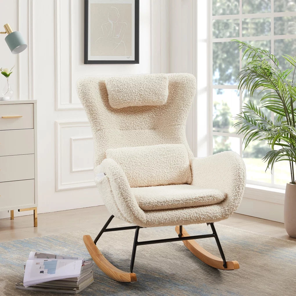 Nursery Rocking Chair, Accent Chair with High Backrest and Armrests for Adults, Comfy Rocker Glider Chair for Living Room Bedroom, Beige