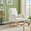 High Back Rocking Chair with Side Bags, Upholstered Glider Rocker Chair with Wooden Legs, Modern Comfy Accent Living Room Arm Chair for Indoor and Outdoor, Beige