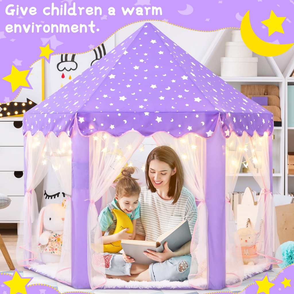 EVOIONOS Purple Princess Tent for Girls, Kids Tent Indoor, Girls Tent with Lights, Girls Play Tent, Princess Castle Playhouse Tent, Little Girls Lavendar Tent, 55X53 Princess Tent for Girls