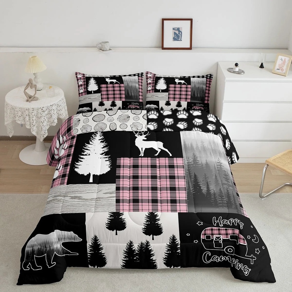 Hunting Deer Bear Comforter Set Twin,Woodland Animal Rustic Cabin Bedding Set for Girls Kids,Pink Buffalo Plaid Patchwork down Comforter RV Camping Decor,Cowboy Jungle Pine Tree Quilt
