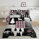 Hunting Deer Bear Comforter Set Twin,Woodland Animal Rustic Cabin Bedding Set for Girls Kids,Pink Buffalo Plaid Patchwork down Comforter RV Camping Decor,Cowboy Jungle Pine Tree Quilt