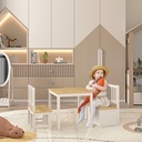 Qaba 4-Piece Kids Table Set with 2 Wooden Chairs, 1 Storage Bench, and Interesting Modern Design, Natural/White