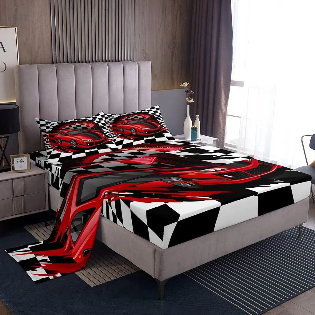 YST Red Sports Car Bed Sheets Set Twin Size, Boys Race Car Sheet Set for Teens Girls Adult Extreme Speed Race Car Sheets Black and White Grids Print Fitted Sheet Car Theme Bedroom Decor