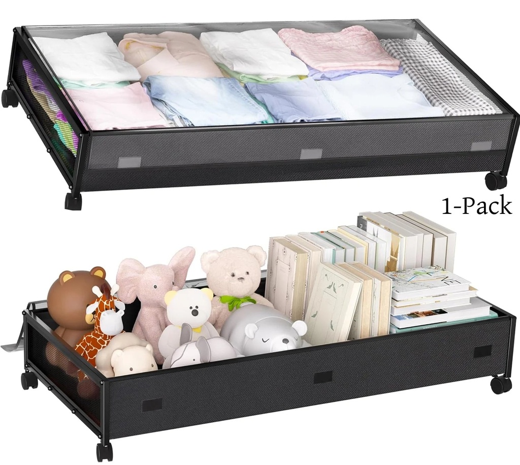 Under-Bed Storage Container on Wheels, 36" Rolling Under-Bed Clothing Storage Bin, 57.8L Large Metal Under-Bed Shoe Storage Container with Clear Lid,Great for Storing Clothes,Toys and More,1-Pack