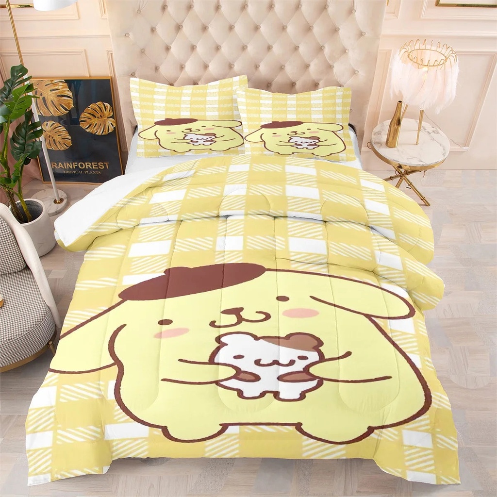 Cartoon Pudding Dog Yellow Plaid 3 Piece Comforter Set, Full Size Duvet with 2 Pillowcases, Pompompurin Print Bedding, 100% Microfiber