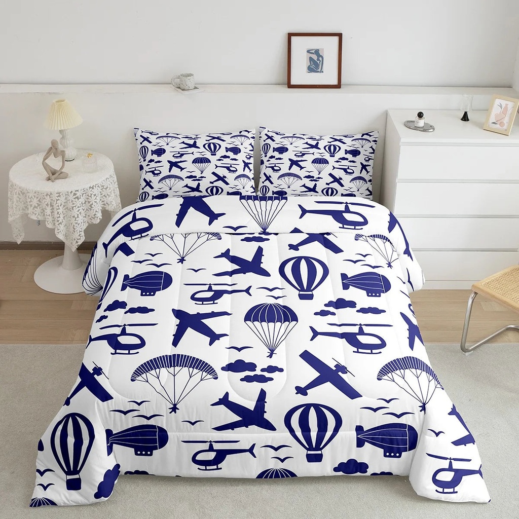 Aviation Aircraft Bedding Set Airplane Comforter Set Twin,Hot Air Balloon Quilt Parachute Airliner Duvet Insert,Fighter Plane Helicopter Aeroplane Clouds Room Decor