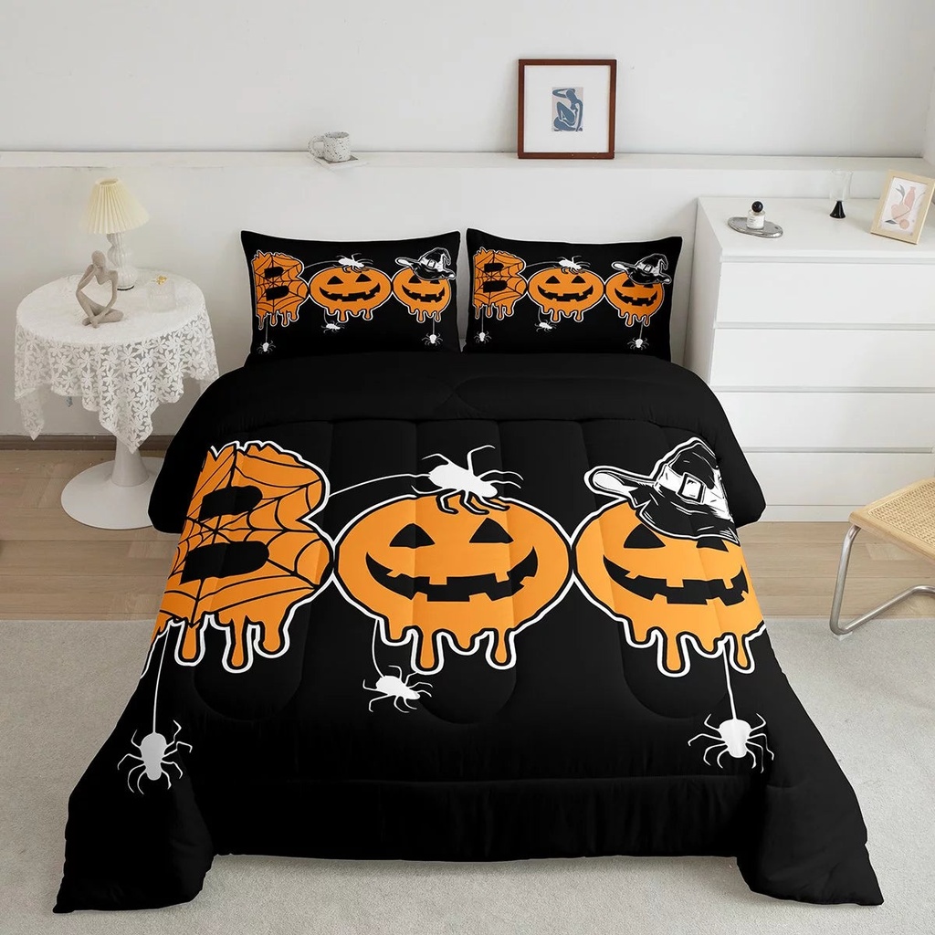 Happy Halloween Comforter Set Twin,Pumpkin Lantern Bedding Set for Kids Boys Teens,Gothic Spider Web down Comforter Horror Themed Bedding,Witch Hats Duvet Set with 1 Pillow Case,Black Orange
