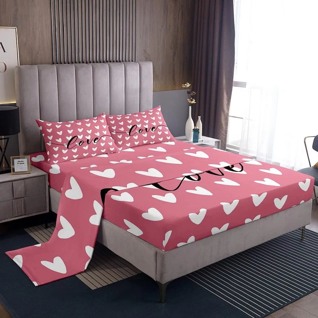 Pink and White Bed Sheets Twin Size Girls Kawaii Heart Pattern Fitted Sheet Valentine'S Day Bedroom Decor Women Love Heart Sheet Set Cute Love Geometric Flat Sheet Soft Microfiber Top Sheet