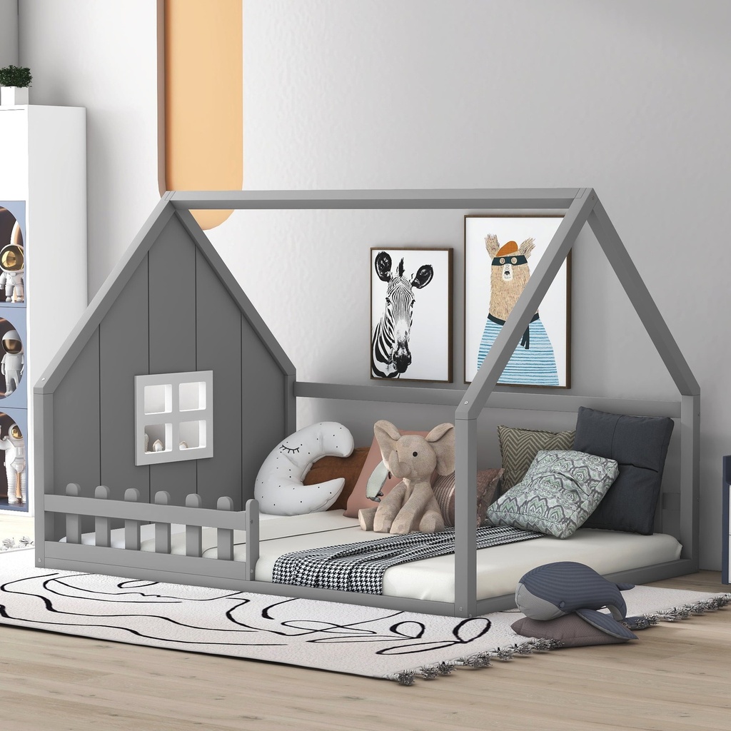 Bellemave Full Size House Bed with Fence, Wooden Montessori Floor Bed with Window for Toddler Kids Boys Girls, No Box Spring Required (Gray)