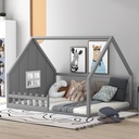 Bellemave Full Size House Bed with Fence, Wooden Montessori Floor Bed with Window for Toddler Kids Boys Girls, No Box Spring Required (Gray)