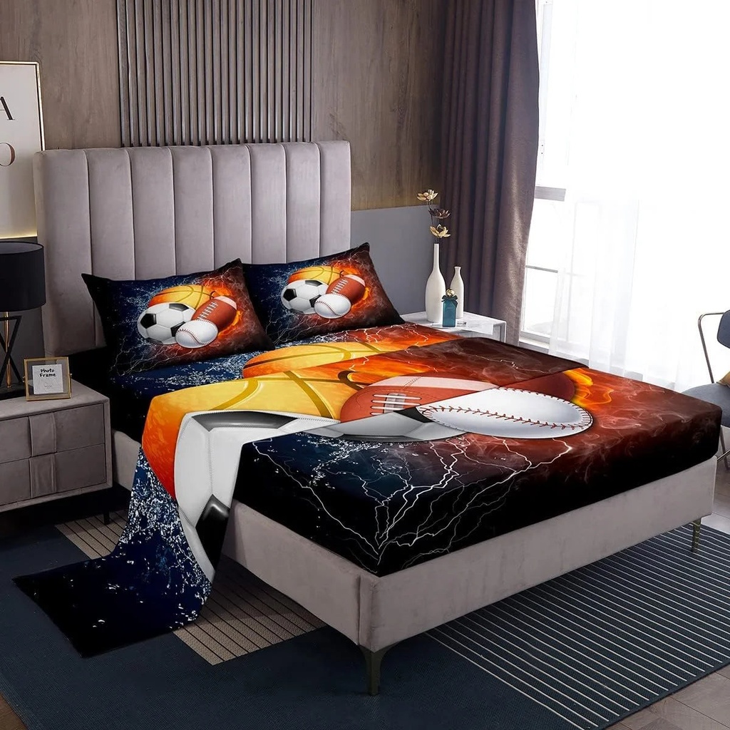 YST Sports Bed Sheets Boys Twin Size,Baseball Soccer Sheet Set Kids Teens Basketball Football Sheets Ball Games Flat Sheet,Fire Ice Trippy Lightening Decor 3Pcs Soft Luxury