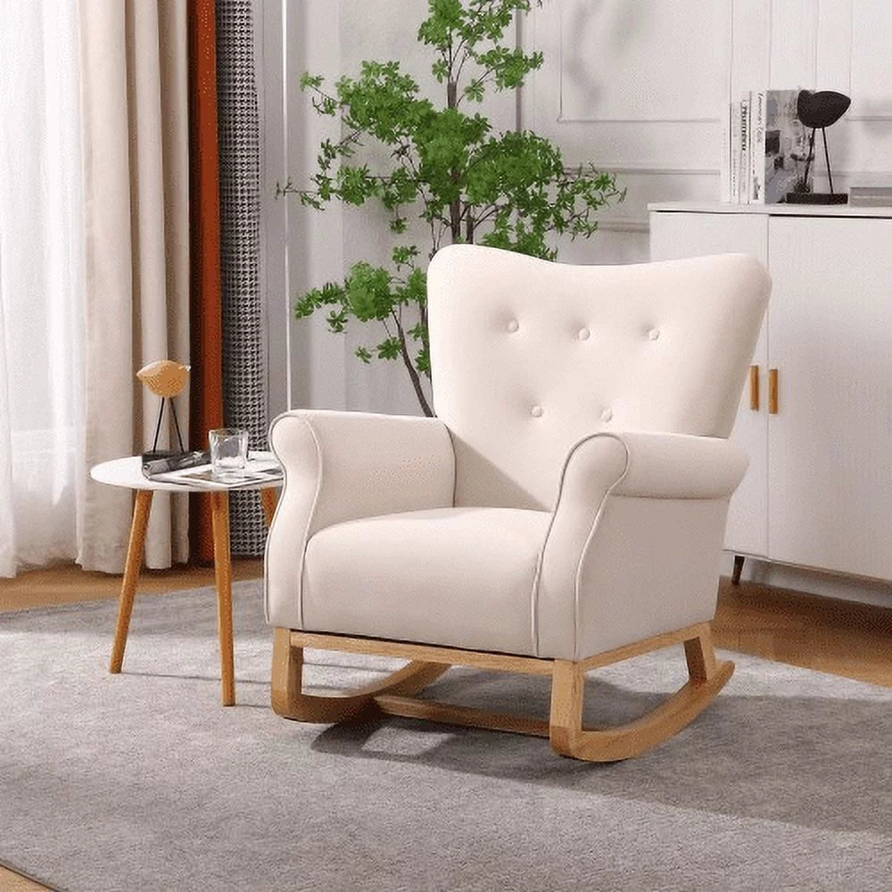 Living Room Rocking Chair, Modern Velvet Upholstered Accent Rocker Chair with Padded Seat and Wood Legs, High Back Glider Rocking Arm Chair for Nursery Baby Room Bedroom Playroom, Beige