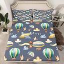 Watercolor Plane Bed Sheets for Kids Toddler Flying Aircraft Fitted Sheet Twin Size, Cartoon Hot-Air Balloon Sheets Sparkling Stars Bedding, Cute Airplane Bed Cover Grey 2Pcs (Deep Pocket)