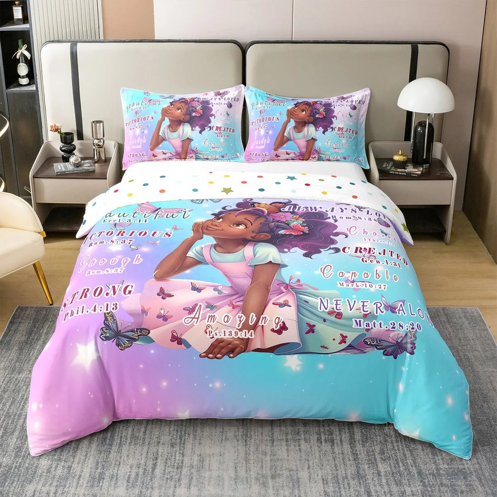 100% Cotton Black Girls Duvet Cover Inspirational Quotes Afro Girl Twin Bedding Sets for Girls,American African Princess Magical Comforter Cover for Toddler Kids Teenager,Cute Room Decor