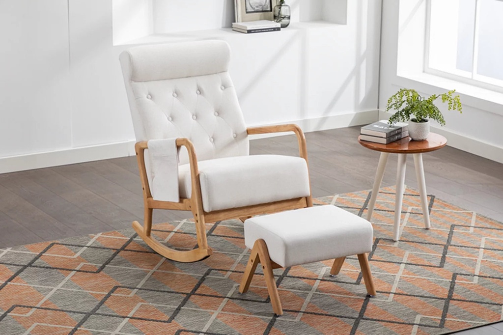 Nursery Rocking Chair with Ottoman, Modern Fabric Upholstered Armchair with Thick Padded Cushion and High Backrest Relaxing Swing Chair Accent Glider Rocker Chair for Living Room Bedroom, Beige