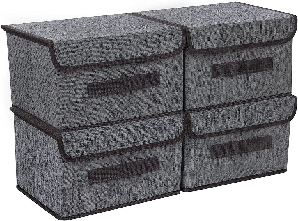 Trianu 4 Pack Collapsible Storage Boxes with Lids Fabric Foldable Storage Bins Organizer Containers Baskets with Lid for Home Bedroom Closet Office, Gray, Small