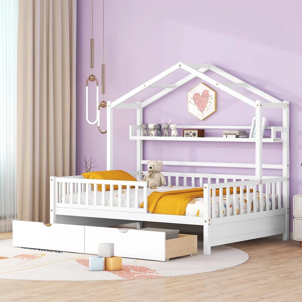 CITYLE Full Size House Bed,Wooden Full Bed with 2 Drawers and Storage Shelf, Roof Design Bedroom Bedframe for Kids Boys Girls,White