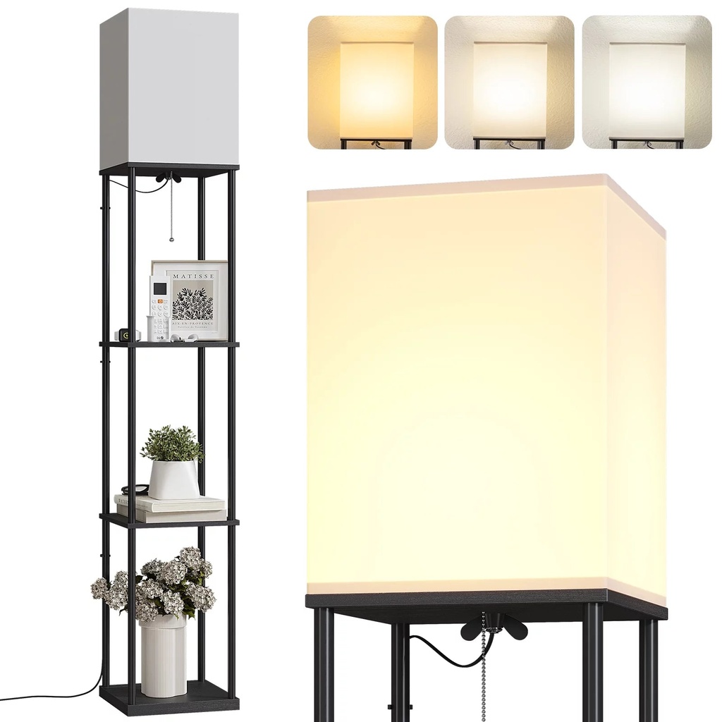 AOHAO Floor Lamp with Shelves for Living Room, Standing Floor Lamp with 3 Color Temperature Bulb 64" Display Shelf, Black
