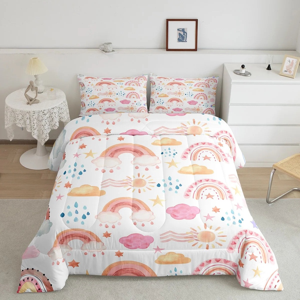 YST Kids Rainbow Comforter Set Twin, Cloud Raindrop Quilt for Girls Boys Women Bedroom, Hand Drawn Rainbow Bedding Set Sun Stars Iridescent Duvet Insert, 1 Comforter 1 Pillow Case, Pink