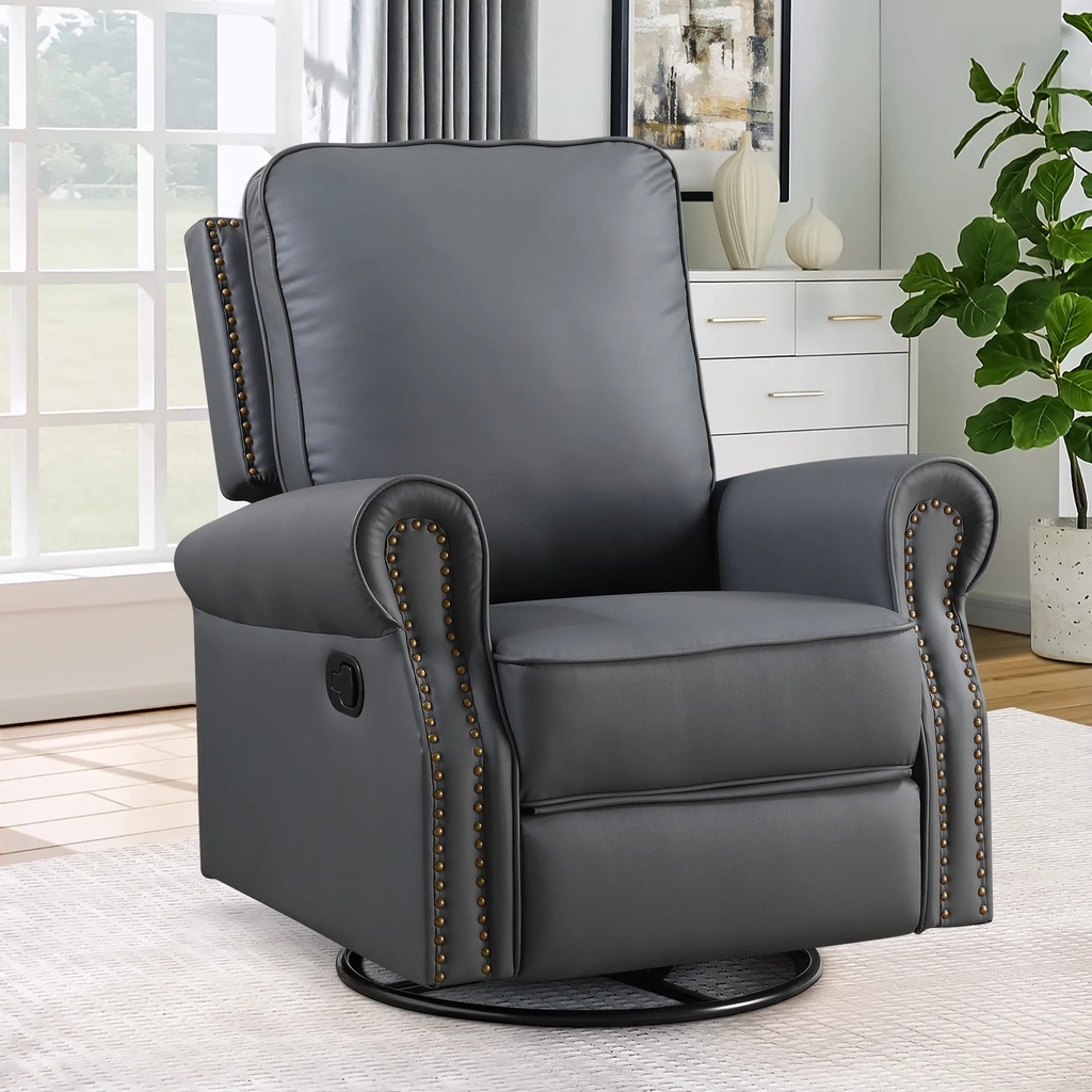 Muumblus Swivel Rocker Recliner for Adult, Faux Leather Upholstered Glider Rocking Chair for Living Room, Gray