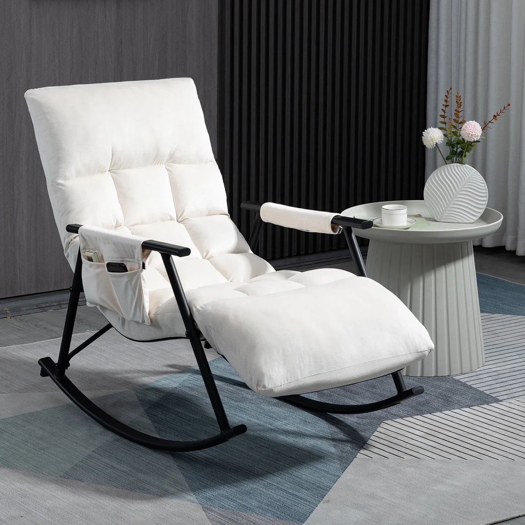 Newnno Velvet Accent Folding Rocking Recliner Chair Nursery with Side Pocket Adjustable High Back & Foot Rest(White)