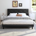 UHOMEPRO Upholstered Platform Queen Bed Frame with Headboard, Modern Black Faux Leather Queen Bed Frame with Wood Slat Support, Mattress Foundation for Adults Kids, No Box Spring Needed