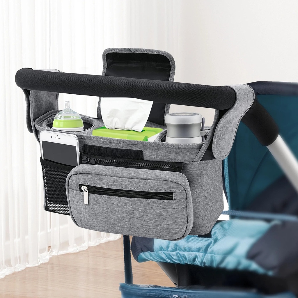 Universal Stroller Organizer Non Slip Straps Stroller Caddy with Insulated 2 Cup Holder-Detachable Phone Bag & Shoulder Strap,Fits for Stroller like Uppababy,Baby Jogger and Pet Stroller,Gray