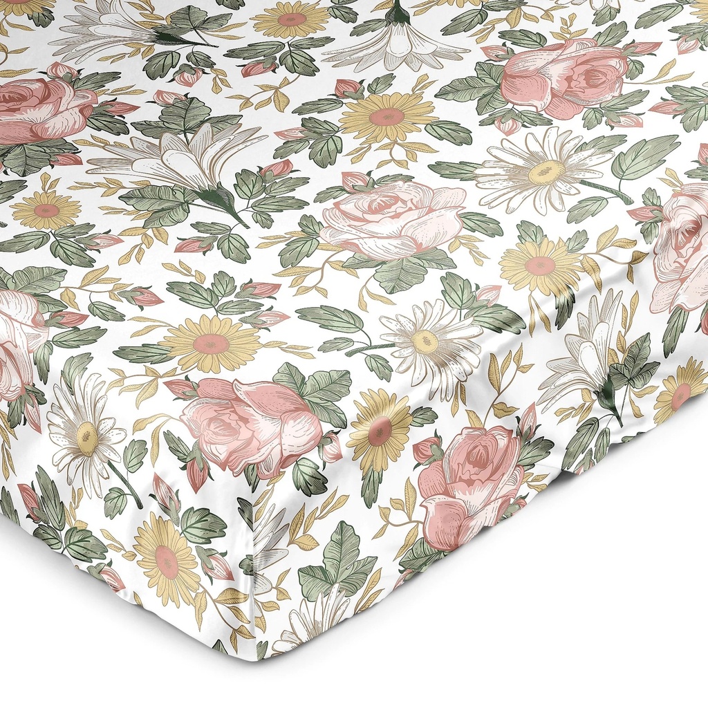 Vintage Floral Pink and Green Satin Fitted Crib Sheet Girl by Sweet Jojo Designs