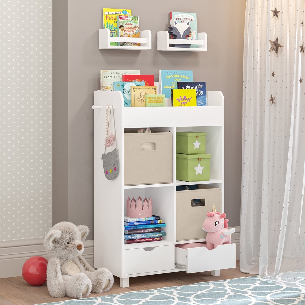 Riverridge Kids Book Nook Cubby Toy and Art Storage Cabinet with Bookshelf, Drawers, and Hooks - White with 2 10" Floating Bookshelves