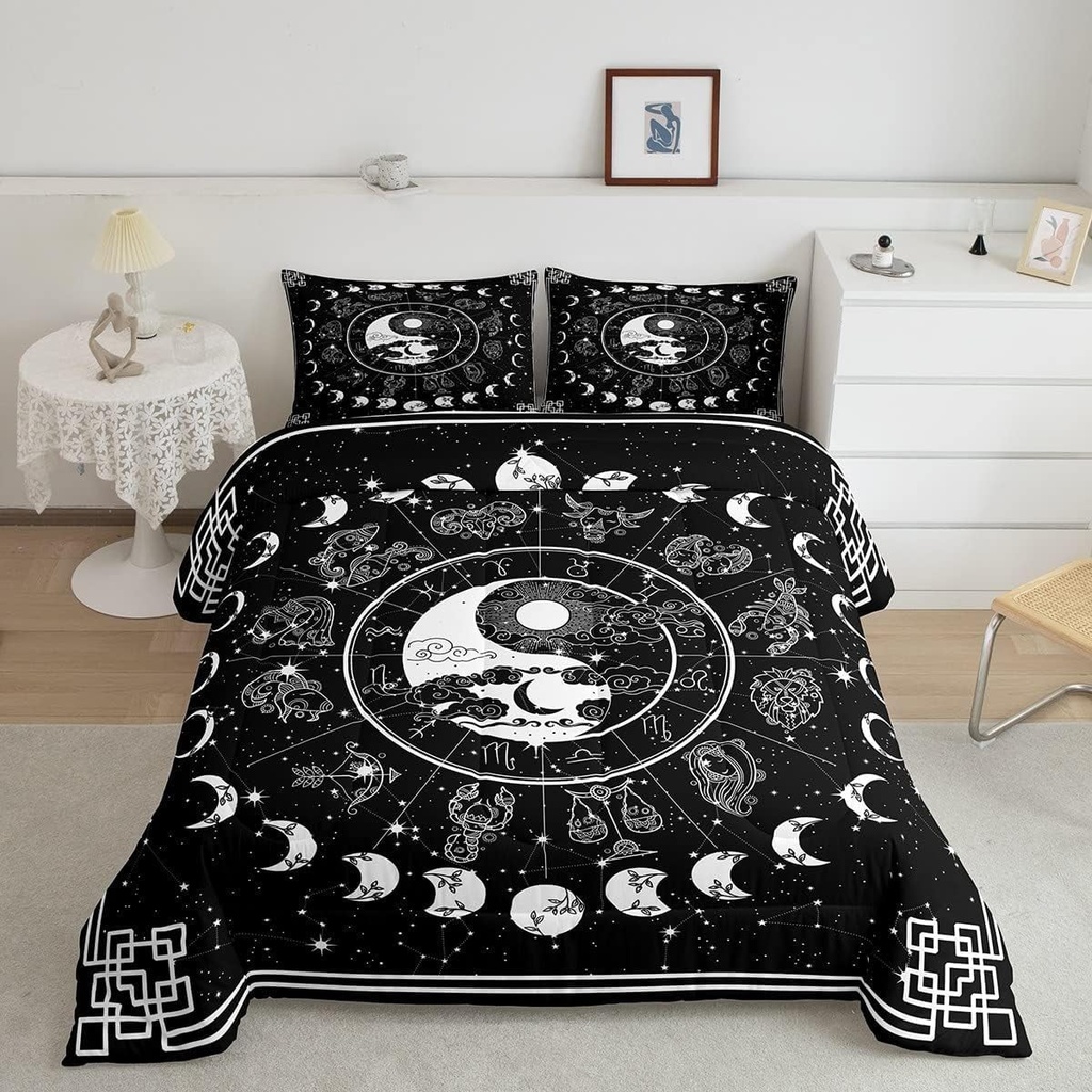 YST Sun and Moon Comforter Set Twin,Twelve Constellations Zodiac Bedding Set Moon Phase Duvet Insert Yin and Yang Quilt Duvet Starry Night Astrology Stars Quilted Comforter,Black White Decor