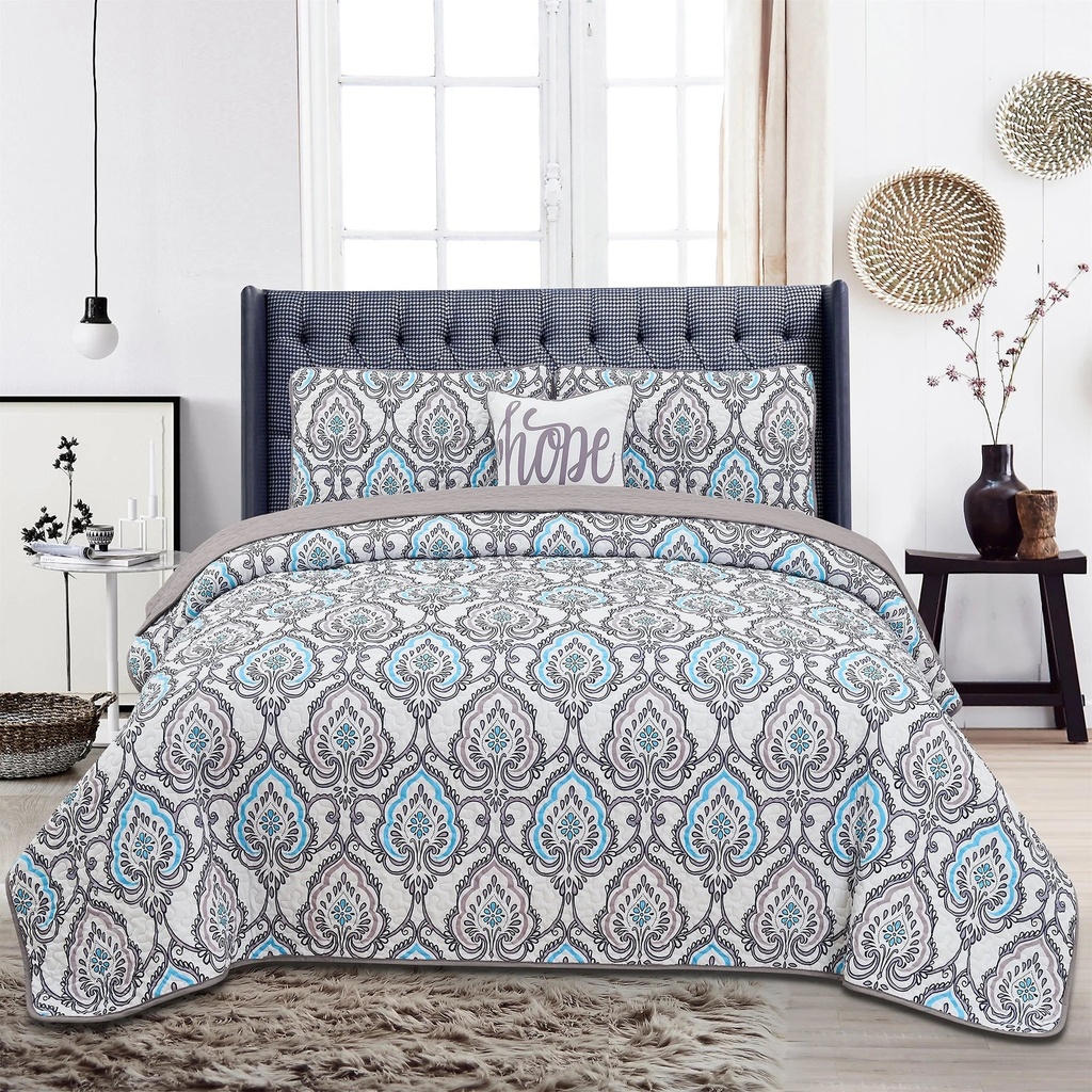 Hannah Linen Queen Quilt Set - Microfiber 4 Piece Quilt with 1 Shams and 2 Decorative Pillow (Queen, Dark Grey Azita)