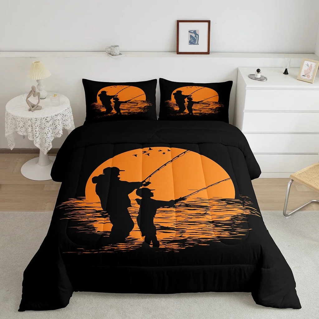 Fish Comforter Set Twin, Cute Fishes Bedding for Child, Kawaii Ocean Wild Animals Bedding Comforter Sets, Blue Yellow Red Cartoon Hunting Fishing Geometric Polka Dot Lines Duvet Insert