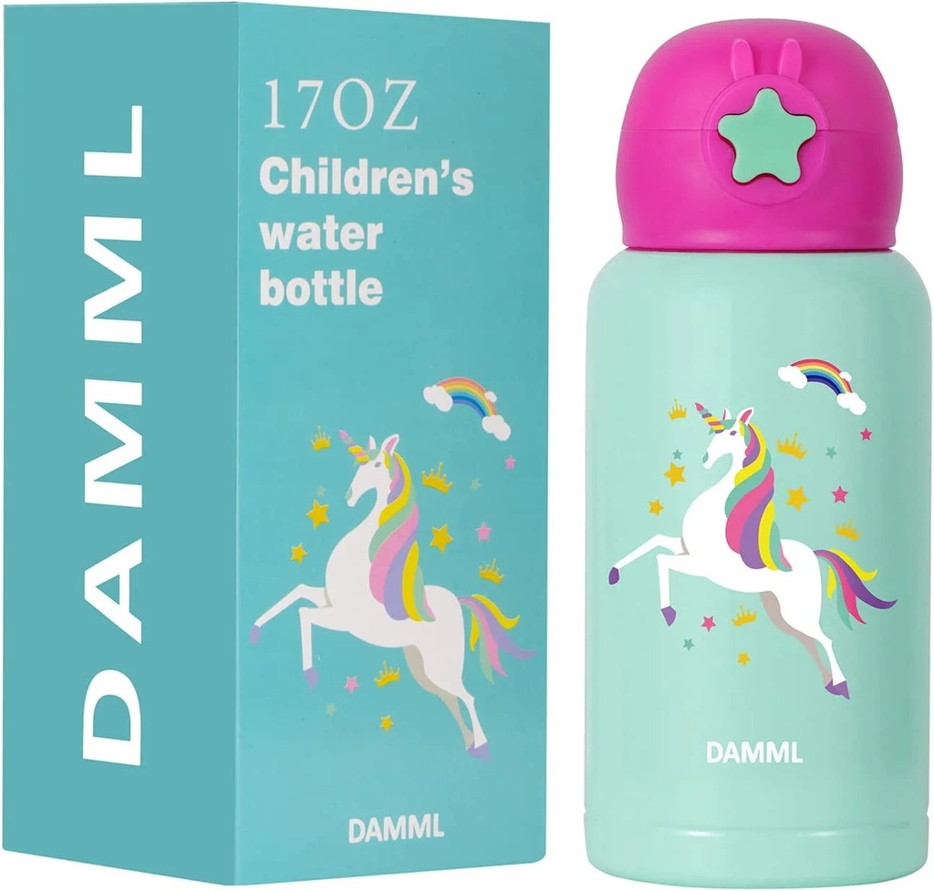 Insulated Water Bottle for Kids,Unicorn Cold Water Bottles for Girls, Kids Stainless Steel Water Bottles with Straw/Lids for School Travel, 17Oz