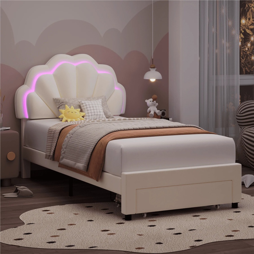 Homfa Twin Size LED Bed Frame with Drawer, Velvet Upholstered Platform Bed with Adjustable Petal Headboard for Kid, Beige