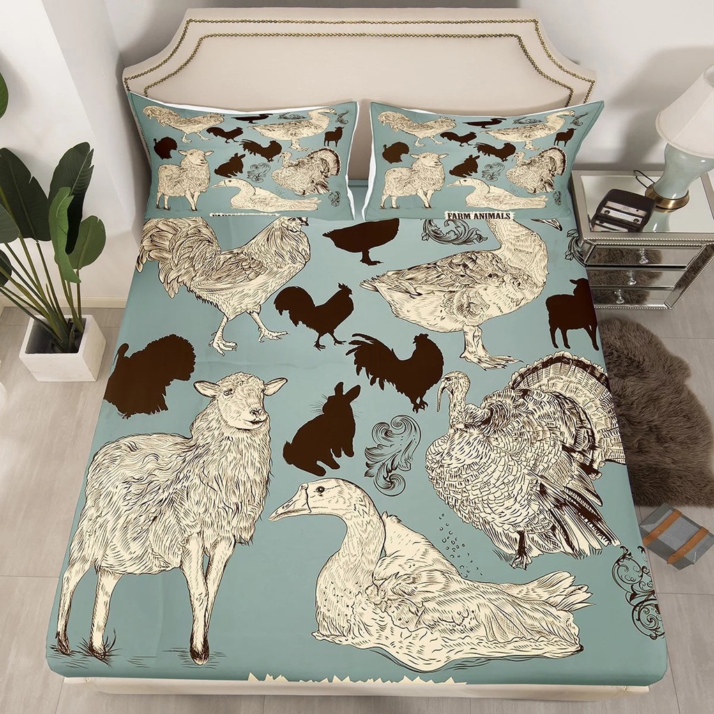 YST Farm Animals Twin Fitted Sheet Sheep Rooster Sheets, Rustic Lodge Cabin Bed Sheets Swan Rabbit Eagle Bed Cover, Vintage Grey Turqoise Bed Set Lightweight 2Pcs (Deep Pocket)