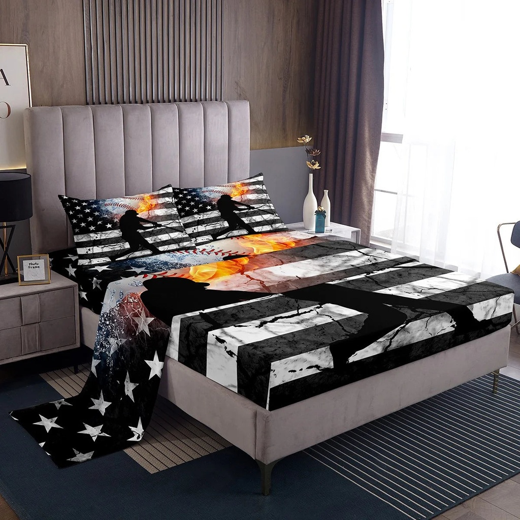 YST Boys Baseball Twin Sheet Set Vintage US Flag Sheets Ice and Fire Bed Set American Flag Stars Bed Sheets Set Retro Grunge Stripe Fitted Sheet Black Grey Luxury 3Pcs