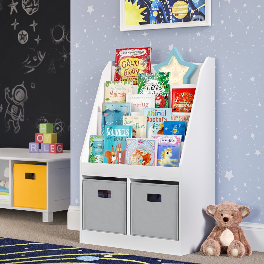 Riverridge Kids Bookshelf and Toy Storage Organizer with 4 Bookracks and 2 Cubbies for Playroom, Nursery, and Reading Nook - White with 2 Gray Fabric Bins
