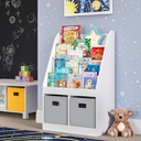 Riverridge Kids Bookshelf and Toy Storage Organizer with 4 Bookracks and 2 Cubbies for Playroom, Nursery, and Reading Nook - White with 2 Gray Fabric Bins